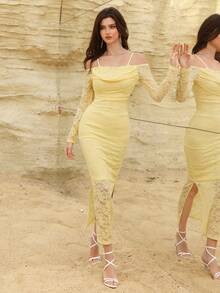 Modelyn 女士法式蕾丝吊带露肩修身开衩连衣裙 - 黃色 - 查看 9