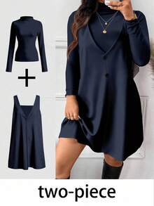 SHEIN Frenchy Bộ đồ 2 mảnh thanh lịch dành cho nữ cỡ lớn với họa tiết đón năm mới, phù hợp cho mùa thu/đông, năm mới, tiệc âm nhạc, màu xanh navy. - Màu xanh hải quân - Xem 1