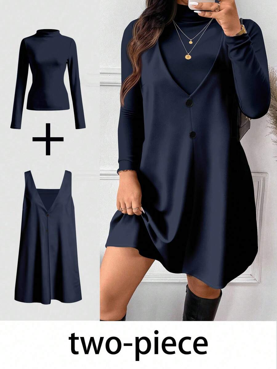 SHEIN Frenchy Bộ đồ 2 mảnh thanh lịch dành cho nữ cỡ lớn với họa tiết đón năm mới, phù hợp cho mùa thu/đông, năm mới, tiệc âm nhạc, màu xanh navy. - Màu xanh hải quân - Xem 1