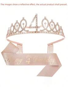 Sparkling Rhinestone Crystal Crown Tiara With Happy Birthday Satin Sash 2PCS Set For Girls 3rd 4th 5th 6th 7th 8th 9th Years Old Birthday Party Decorations, Princess Anniversary Celebration Supplies For Christmas​ - Rose Gold - View 12