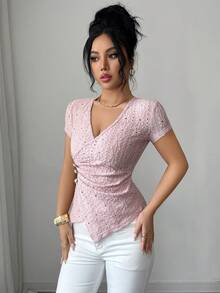 Elenzga 独特优雅的提花V领褶皱腰身蝙蝠袖休闲约会女式T恤，春夏款 - 粉色 - 查看 5