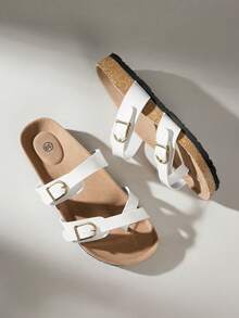 Solecia Casual Cork Sole Adjustable Buckle Sandals For Ladies - White - View 6