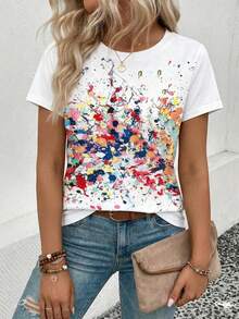 EMERY ROSE New Plus Size Women Fashion Printed & Spray Painted Round Neck Short Sleeve T-Shirt - Multicolor - View 5