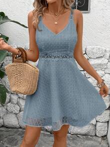 SHEIN Frenchy 女士夏季海滩度假风纯色瑞士圆点撞色蕾丝腰带连衣裙 - 霧霾藍 - 查看 6