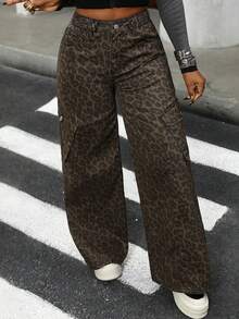 DAZY 高腰豹纹工装口袋女式牛仔裤 - 米色 - 查看 3