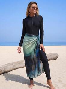 Swim Mulvari Women's Tie-Dye Print Long Sleeve Zipper Design 3 PiecesBurkini Set, Beach Vacation - Multicolor - View 7