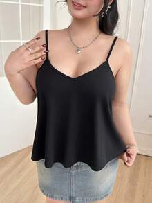 SHEIN EZwear Plus Size Casual V-Neck Camisole Basic Top Black Summer Top Low Cut Top Black Cami Top Cami Tops, Summer Tops - Black - View 8