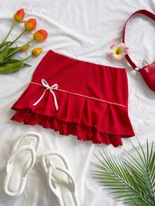 Soleia Spring/Summer New Casual Vacation Western Beach Wedding Guest Attire Graduation Brunch Women's Clothing St. Patrick's Day Spring Break Easter Music Festival Elegant Boho Tropical Romantic Valentine's Day Party Lace Ruffle Bow Mini Skirt - Red - View 3