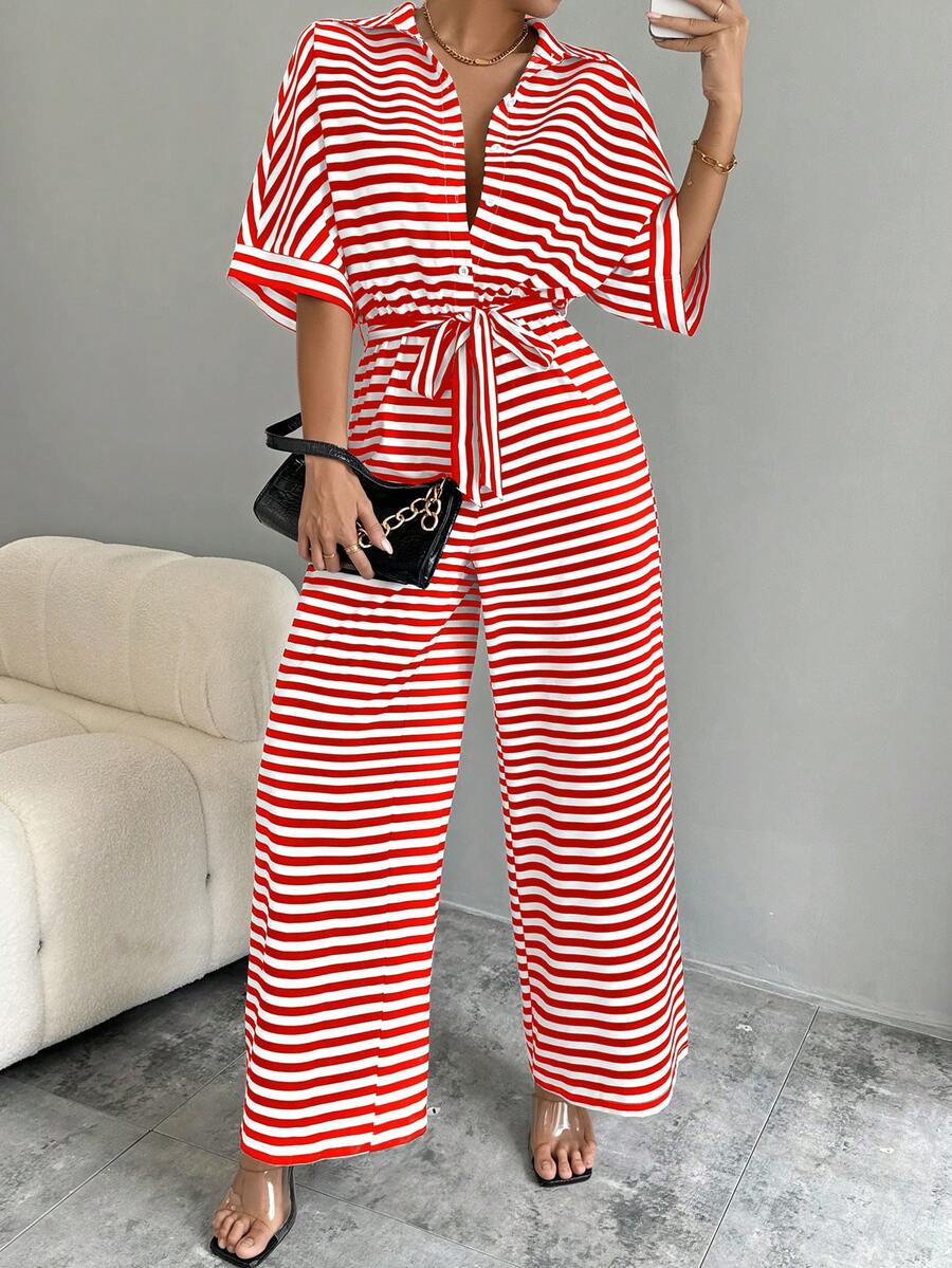 SHEIN LUNE Striped Print Tie-Front Batwing Sleeve Women Jumpsuit - Multicolor - View 1