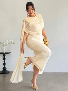 Firerie 大码优雅休闲度假沙滩浪漫音乐节褶皱领口飘逸透视弹力修身连衣裙，适合女性通勤、工作、办公室穿着。 - 酒紅色 - 查看 7