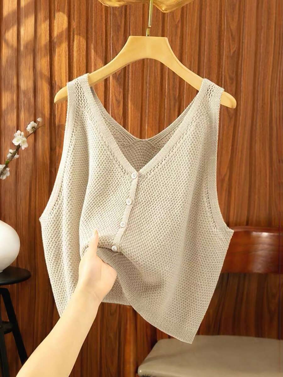 Franclia 新款夏季法式休闲针织背心，单排扣设计，镂空针织纹理，柔软舒适，通勤/工作叠穿款式，精致V领，柔和米色无袖针织开衫 - 卡其色 - 查看 1