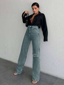 EURMUSE Women's Casual Everyday Wear Distressed Button Pocket Denim Jeans - Light Wash - View 3
