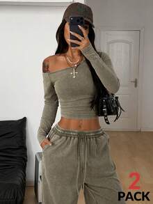 Coolane 女士日常穿搭必备针织弹力舒适不对称领长袖上衣和阔腿运动裤套装两件套 - 軍綠色 - 查看 4