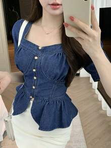 DAZY Women's Sweetheart Collar Short Puff Sleeve Button Design Ruffle Hem Denim Blouse - Blue - View 5