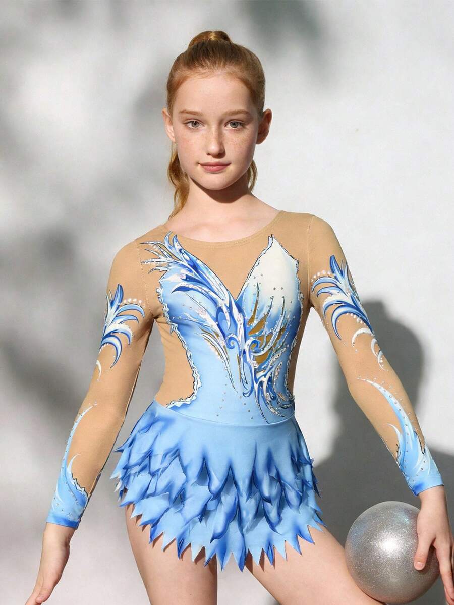 SHEIN 少女撞色印花连体衣 舞蹈运动服 - 藍色 - 查看 1