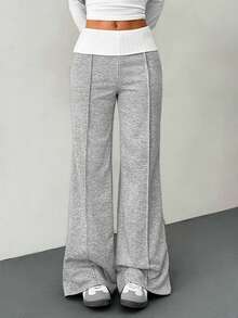SHEIN PETITE Trang phục mùa hè và phong cách đường phố mùa hè dành cho nữ, đi chơi, thường ngày, đi học, phong cách vintage, quần dài trắng ống loe màu xám Pháp, kiểu dáng Y2K, quần áo Y2K, trang phục nghỉ hè. - Xám - Xem 9