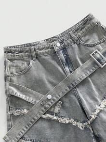 ROMWE MEN 男士做旧水洗宽松牛仔短裤 - 杏色 - 查看 2