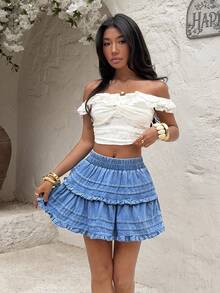 Sunnyshic Women's Elastic Waist Double-Layer Frill Trim Casual Denim Skirt - Light Wash - View 4