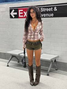 StreetHx Plaid Bodycon Sexy Street Style Deep V Shirt - Multicolor - View 3