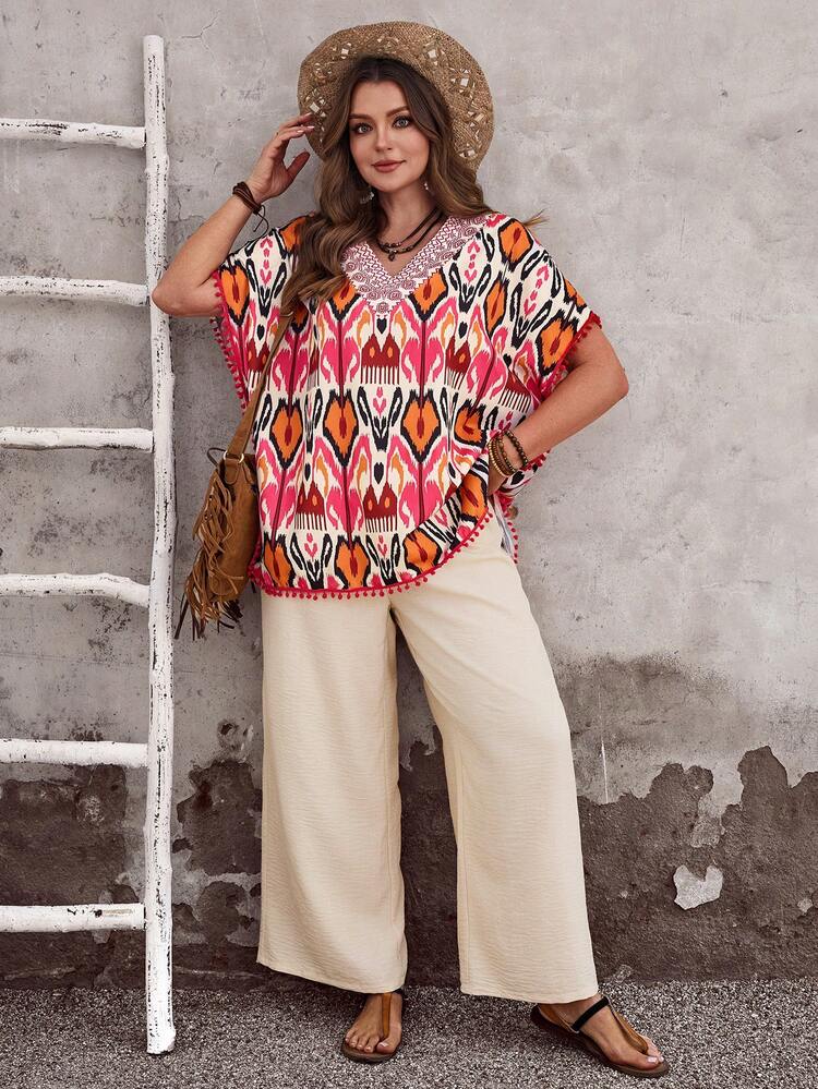 Plus Size Women's Bohemian Style Floral Print V-Neck Batwing Loose Top And Wide Leg Pants 2 Piece Set, Suitable For Spring, Summer, Autumn,Vacation/Flower Country Style For Women Summer Holiday Outfits Spring Break Outfits Boho Tops Plus Size Boho Shirts Women