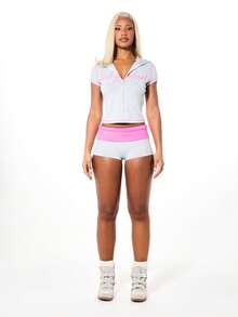 BABYPHAT Inspired Hooded Zip Up Crop Top With Short Sleeves And Pink Script Print - Light Grey - View 3