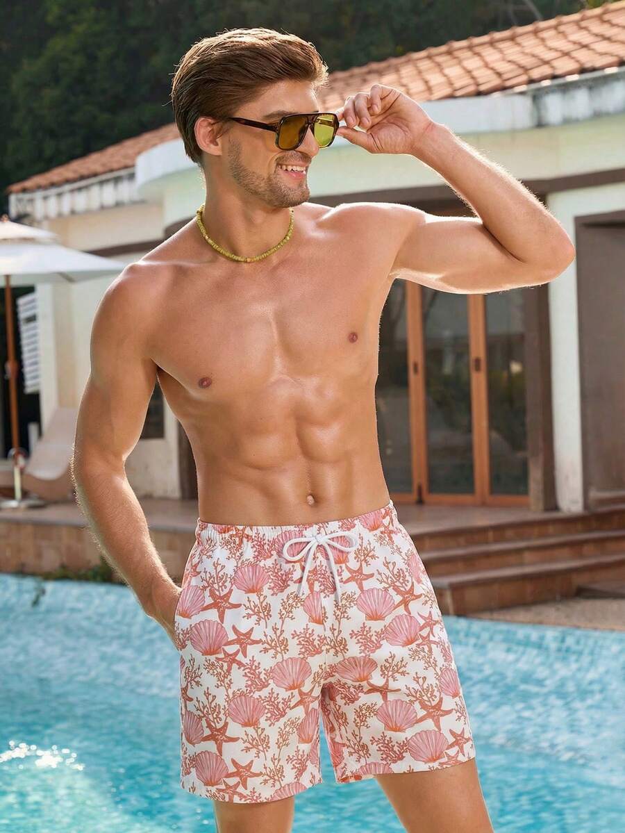 Manfinity Swimmode Men's Casual Starfish & Shell Print Beach Shorts, Summer - Pink - View 1
