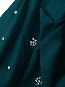 Elenzga 大码女士优雅翻领七分袖假口袋串珠花卉设计休闲修身西装外套，冬季 - 墨綠色 - 查看 7