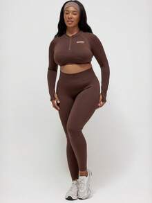 MUSERA Plus Size Seamless Sculpt Quarter Zip Fitted Long Sleeve Crop Top Co-Ord Top Only Active Gym Workout Casual Sonder - Brown - View 5