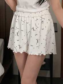 DAZY Letter & Bow Print Ruffle Hem Waist Shorts Women Sleepwear Bottom - White - View 6
