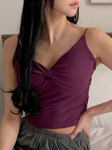 DAZY Women's Minimalist Twist Knot Camisole Top With Built-In Padded Bra - Purple - View 12
