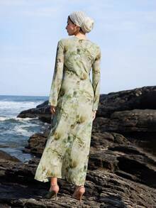 Veilorie 女士圆领喇叭袖收腰优雅阿拉伯风格连衣裙 - 綠色 - 查看 2