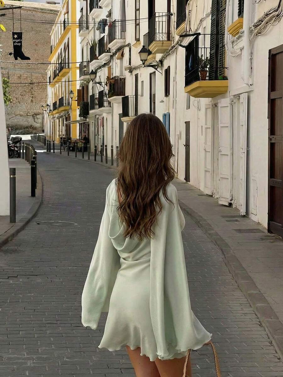 Aloruh 女士春夏新款优雅性感浪漫复古纯色浅绿色长袖露背垂褶领连衣裙，适合约会、下午茶等场合