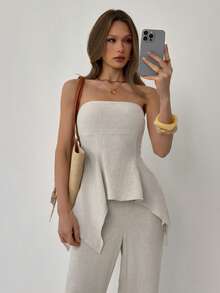 Aloruh Women's Apricot Strapless Ruffle Hem Crop Top And Skinny Pants, Spring/Summer Vacation - Khaki - View 4