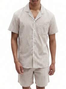 SUMWON Striped Button Front Pajama Set Short Sleeve Shirt With Matching Shorts Sleep Set Classic Relaxed Fit Sleepwear Summer Comfort 2 Pcs Nightwear - Khaki - View 1