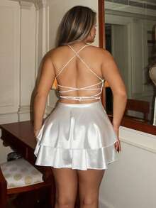 Maria Perezxox 垂坠系带露背多层吊带连衣裙迷你短款女装 - 白色 - 查看 2