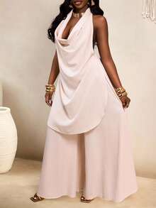 BamGleam Women Elegant Peach Pink Summer 2-Piece Set,Halter Draping Collar Sleeveless Open Back Top & Loose Wide-Leg Pants,Casual Chic Brunch Outfit Graduation - Apricot - View 6