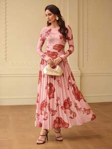 ZEYLAH Đầm dài tay lưới in hoa, thích hợp cho mùa xuân/hè. - Màu Hồng baby - Xem 2