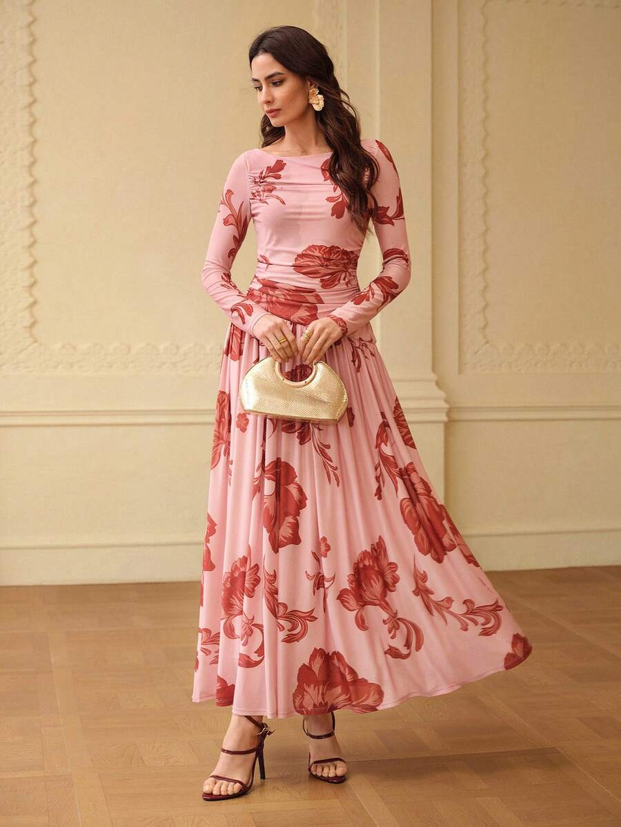 ZEYLAH Đầm dài tay lưới in hoa, thích hợp cho mùa xuân/hè.