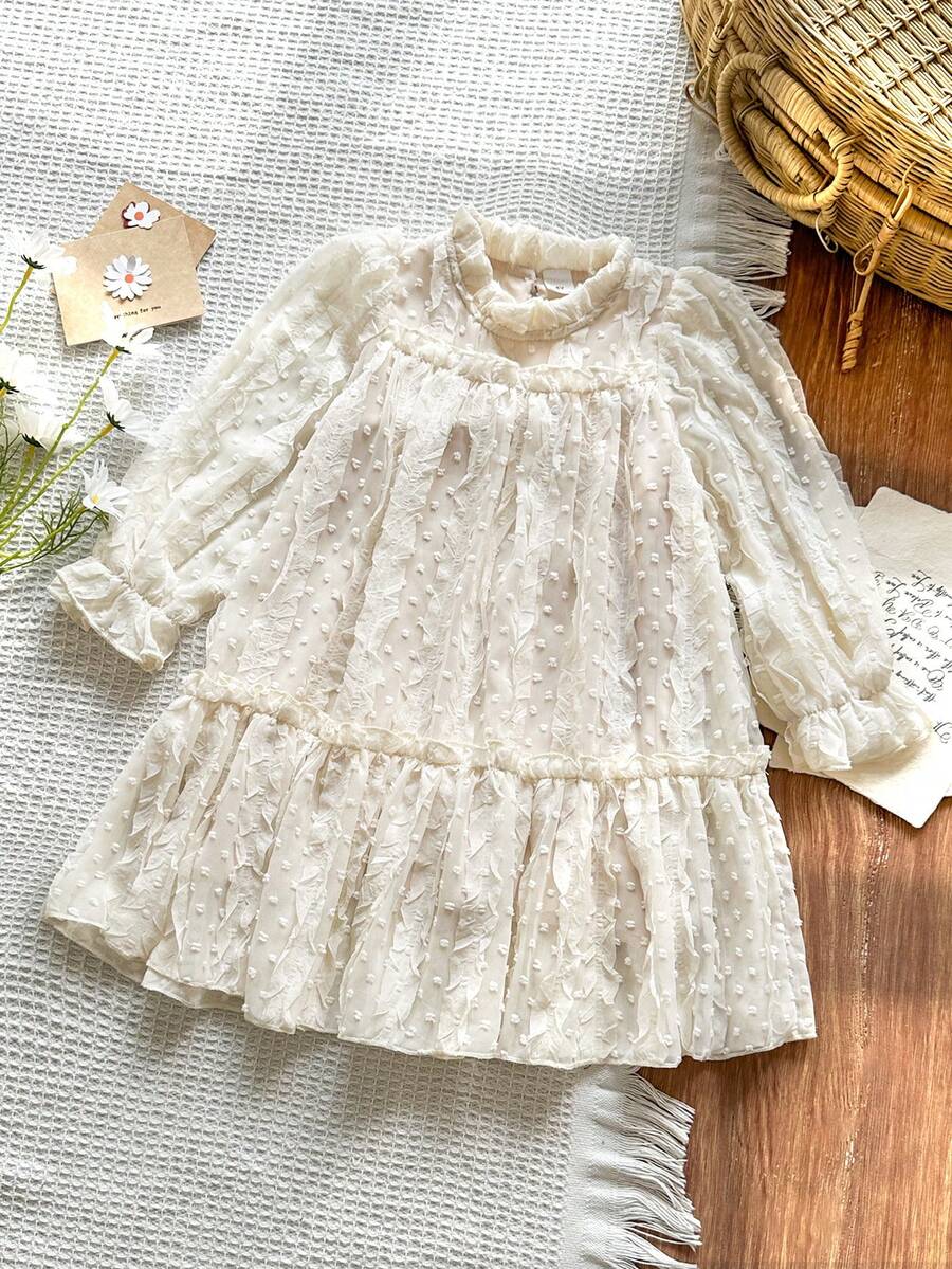 SHEIN Vintaside Kids 女童优雅公主风荷叶边领泡泡袖提花刺绣双层荷叶边下摆宽松公主裙,适合度假、旅行、派对、送礼、春秋季穿着。 - 杏色 - 查看 1