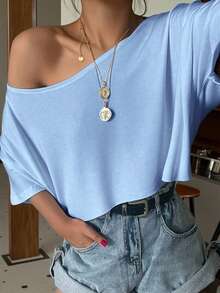 Muchica Camiseta holgada de punto azul claro con hombros sueltos para mujer - Celeste - Ver 3
