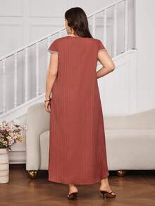 Al Najma Plus Size Solid Color Short Sleeve Embroidered Textured Fabric Casual Turkish Maxi Dress, Arabic Traditional Style - Rust Brown - View 2
