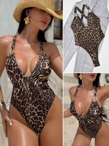 Swim SXY 豹纹深V领交叉绑带丁字连体泳衣，时尚性感 - 彩色 - 查看 3