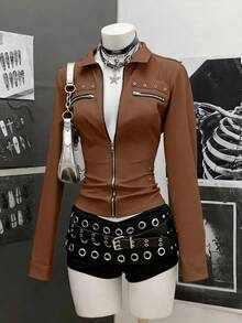 StreetHx Women's Slim Fit Zip-Up Long Sleeve Shirt, Lightweight Cyber Punk Style - Brown - View 7