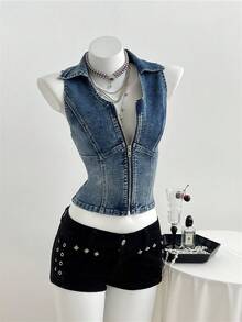 Elamini Vintage Collar Sleeveless Washed Denim Fitted Jacket - Medium Wash - View 1