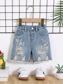 SHEIN Baby Boy Summer Casual Distressed Ripped Frayed Blue Button Front Pockets Skinny Denim Shorts,Baby Spring/Summer Spring Break Daily Wear - Light Wash - View 1