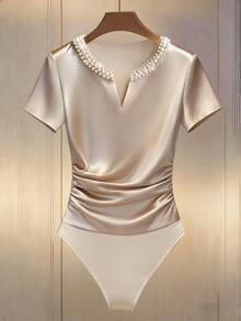 Franclia Women's Elegant Faux Pearl Decor V-Neck Short Sleeve Ruched Bodysuit,White Gold Summer Brunch Classy Luxury Dressy Top Clothes - Apricot - View 1