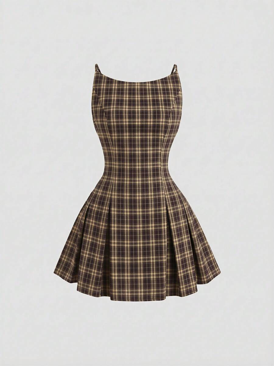 Sweetra 女士优雅格子褶裥吊带迷你连衣裙 - 棕色 - 查看 1