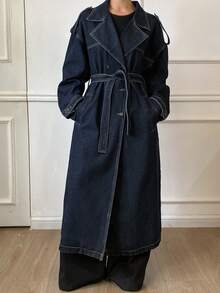 DAZY 女士翻领系腰牛仔防风夹克，冬季 - 深灰色 - 查看 4