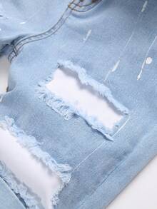 SHEIN Tween Boy Fashion Casual Y2k Vintage Cool Street Blue Denim Patchwork Design Cut Out Ripped Frayed Design Comfortable Soft Stretch Snug Fit Five-Point Denim Shorts For Kids Clothes Boys Soft Dailywear And Kids Summer And Spring Clothes - Blue - View 5