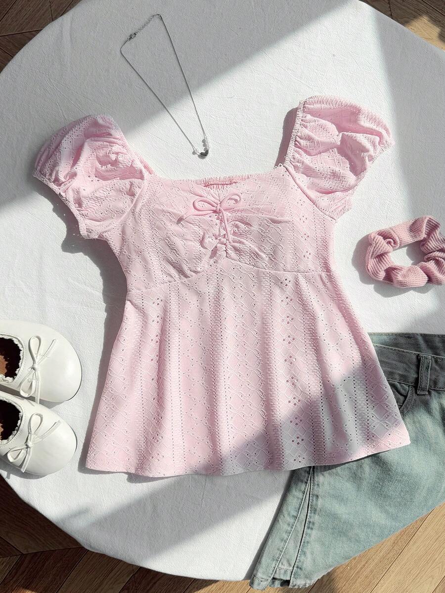 SHEIN 少女休闲舒适提花针织套头衫 - 粉色 - 查看 1